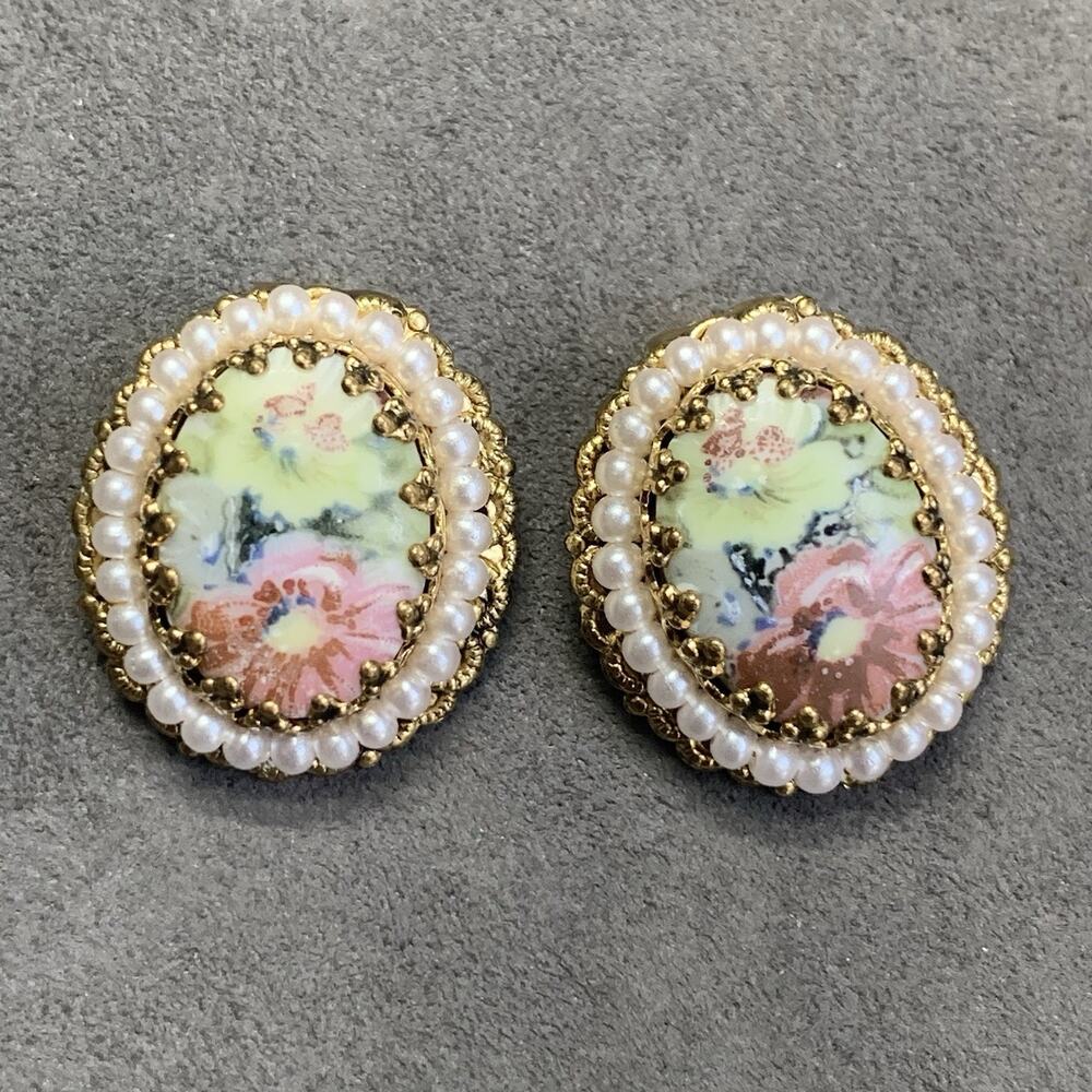 Vintage West Germany Filigree Floral Porcelain Faux Seed Pearls Clip Earrings